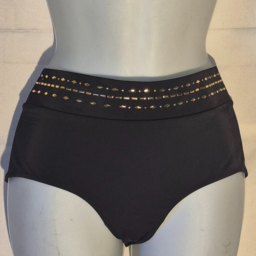 SWIMSUITS FOR ALL Bikini bottoms. Black w/ Gold beadwork in size 14  (34" Waist)